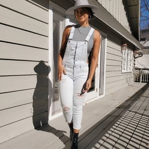 Tinseltown Distressed Off-White Denim Overalls, Size Medium